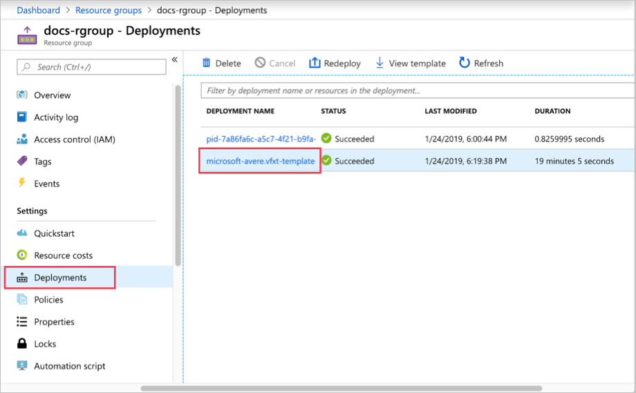 Resource group portal page with Deployments selected on the left and microsoft-avere.vfxt-template showing in a table under Deployment name