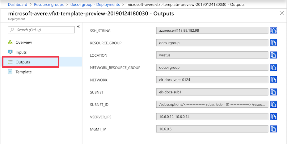 outputs page showing SSHSTRING, RESOURCE_GROUP, LOCATION, NETWORK_RESOURCE_GROUP, NETWORK, SUBNET, SUBNET_ID, VSERVER_IPs, and MGMT_IP values in fields to the right of the labels