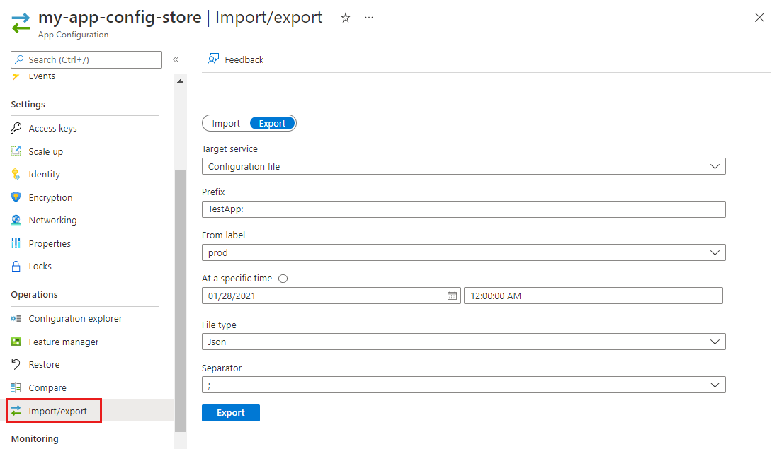Снимок экрана: экспорт файла на портале Azure