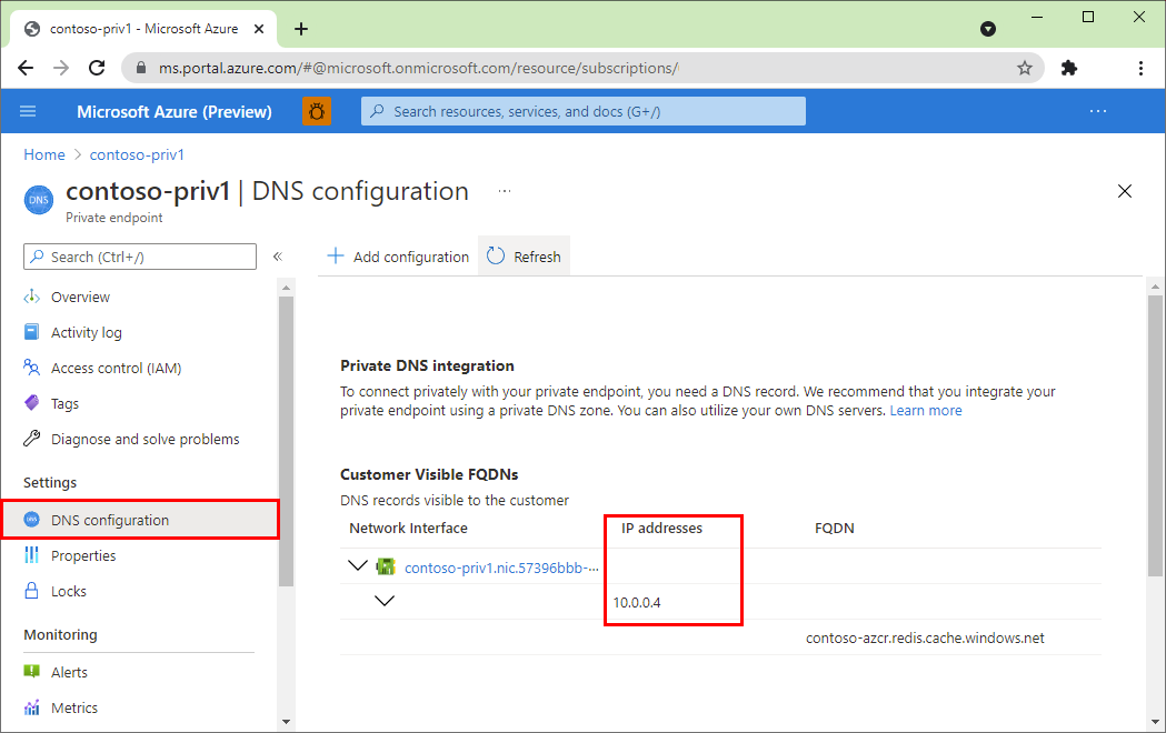 Параметры DNS частной конечной точки на портале Azure.