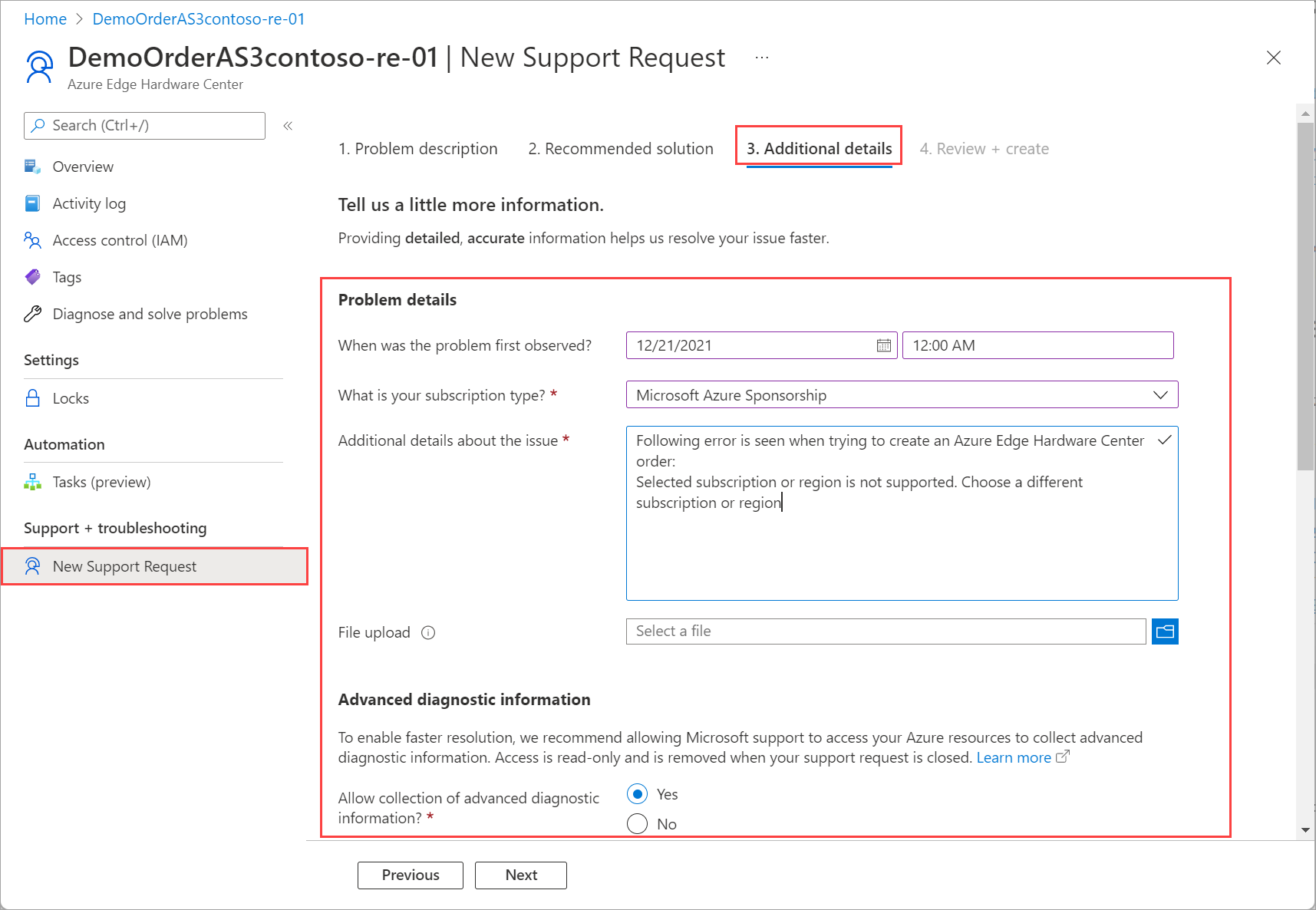 Запрос в службу поддержки журналов для заказов Центра оборудования Azure  Edge | Microsoft Learn