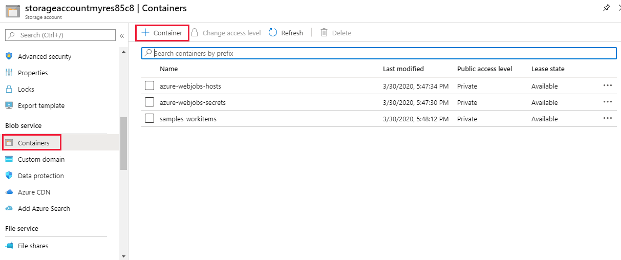 Добавьте контейнер в свою учетную запись хранения на портале Azure.