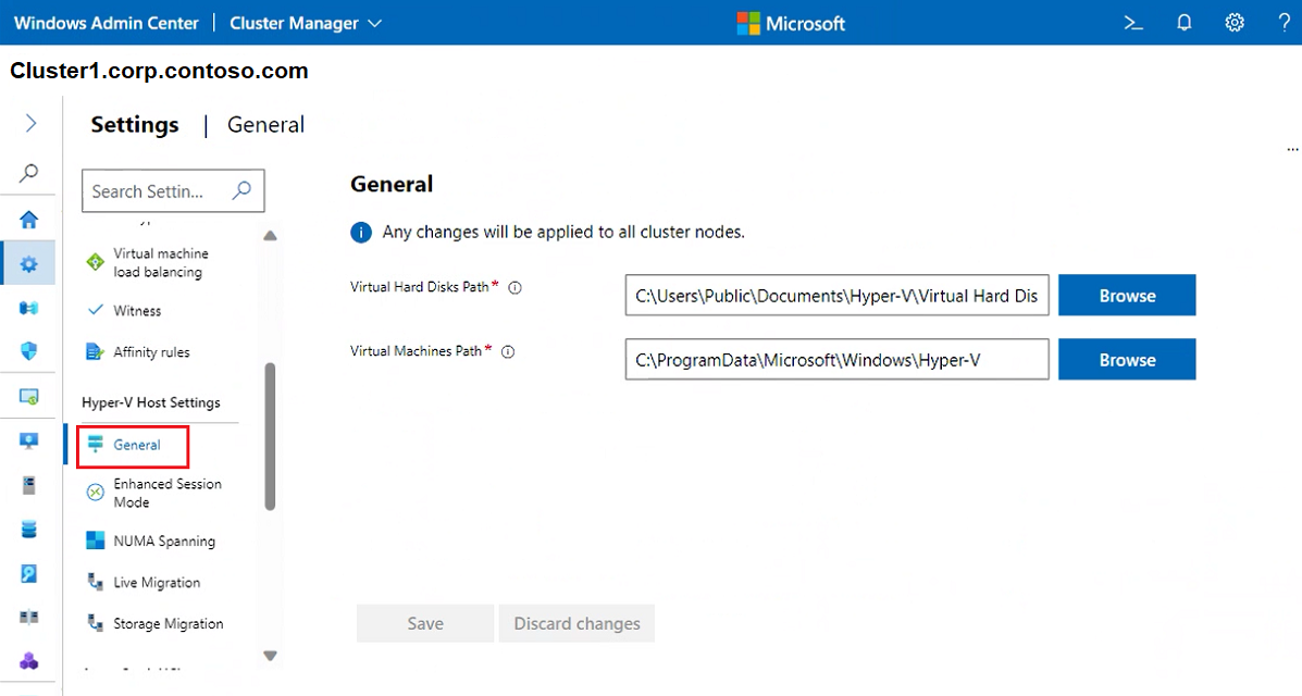 Снимок экрана: экран параметров hyper-V кластера.