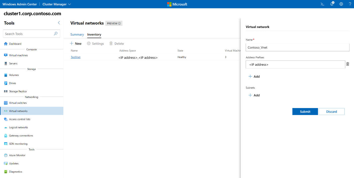 Снимок экрана: начальный экран Windows Admin Center с областью создания имени виртуальной сети и префикса адреса.