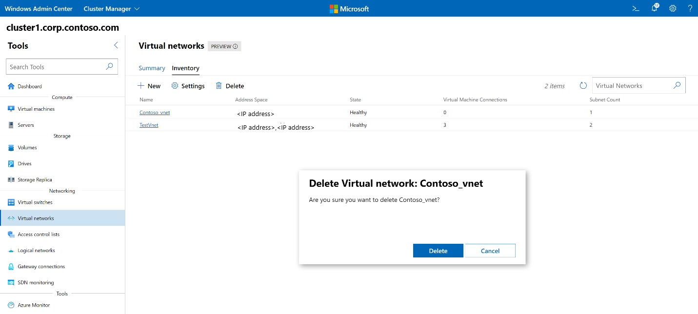 Снимок экрана: Центр администрирования Windows с запросом на подтверждение виртуальной сети удаления.