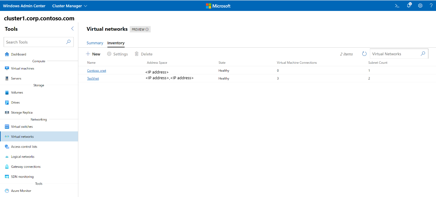 Снимок экрана: Центр администрирования Windows с списком виртуальных сетей.
