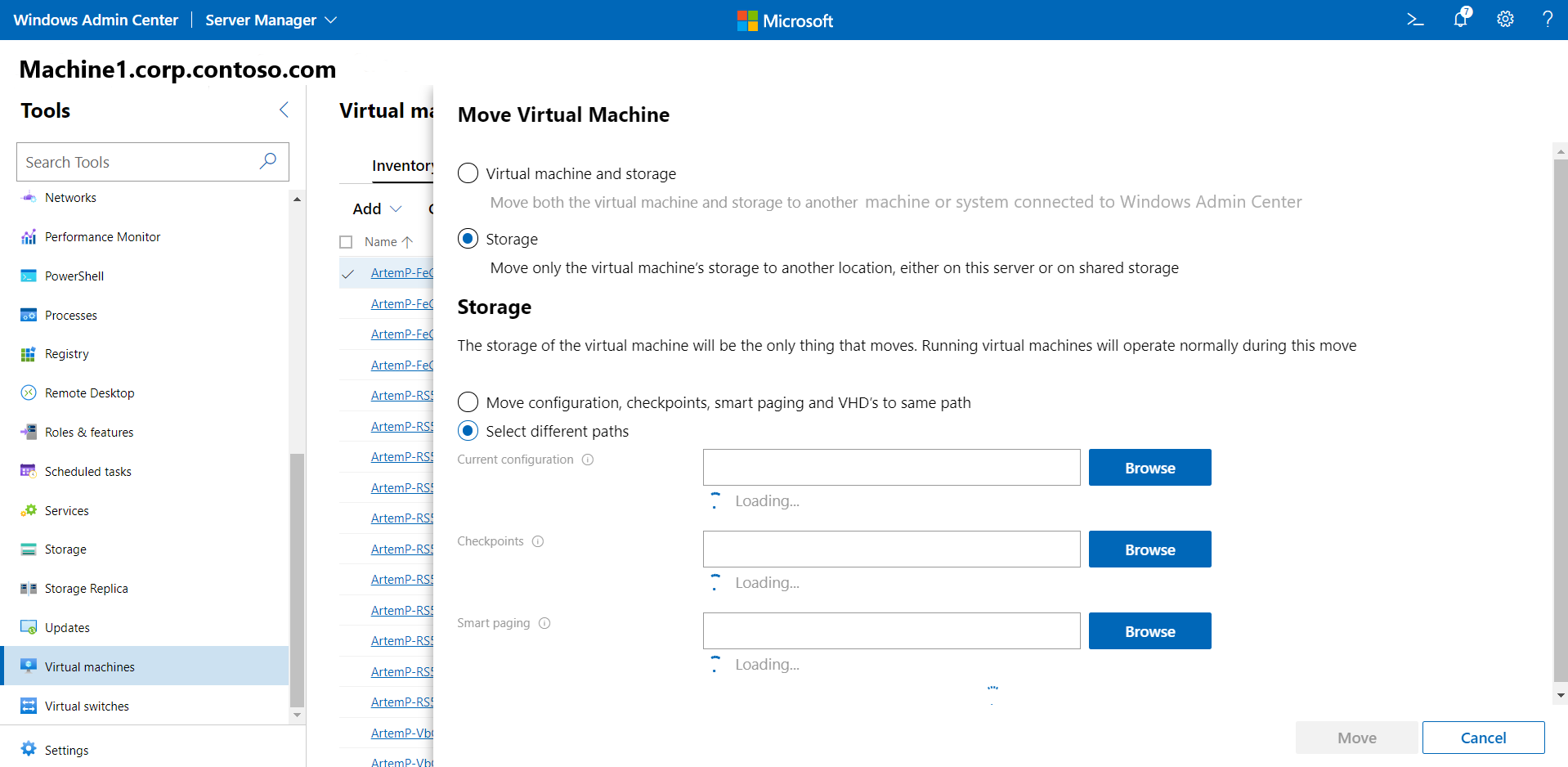Экран перемещения хранилища виртуальных машин
