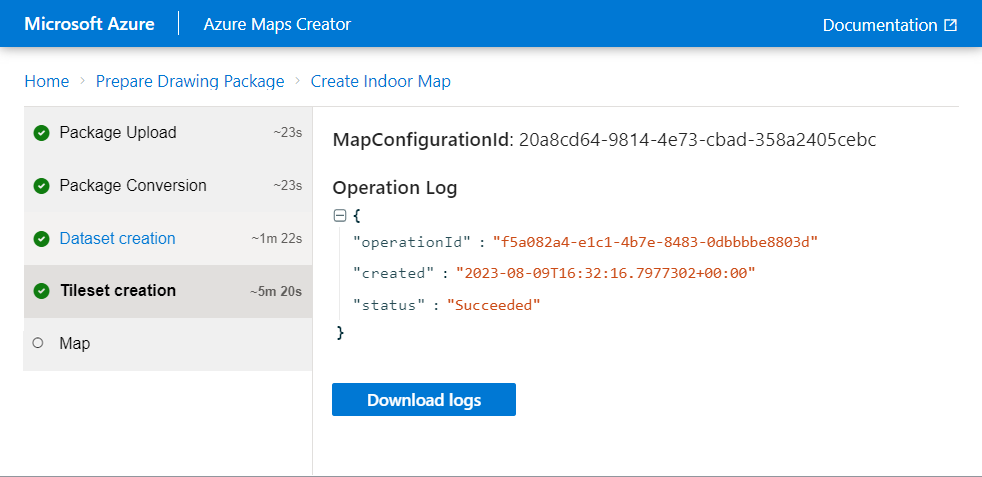 Screenshot showing the tileset creation screen of the Azure Maps Creator onboarding tool, including the Map Configuration ID value.