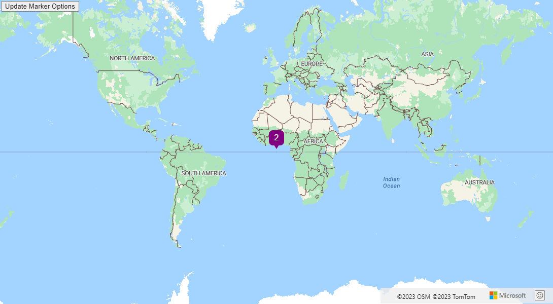 Снимок экрана: карта мира с пользовательским шаблоном SVG, используемым с классом HtmlMarker. Он содержит кнопку с меткой параметры маркера обновления, которая при выборе изменяет цвет и текстовые параметры из шаблона SVG, используемого в HtmlMarker. 