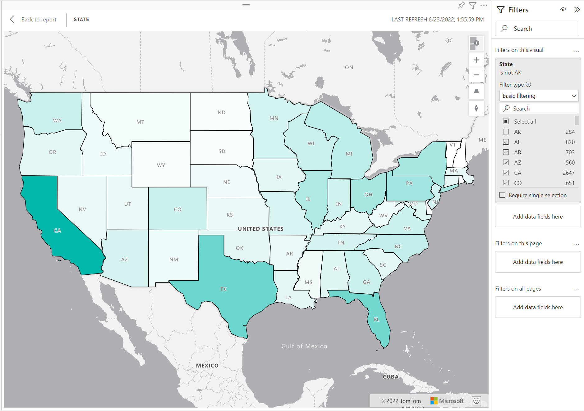 Снимок экрана: карта США, на которой штаты окрашены бирюзовым цветом в разных оттенках в зависимости от продаж в каждом из них.