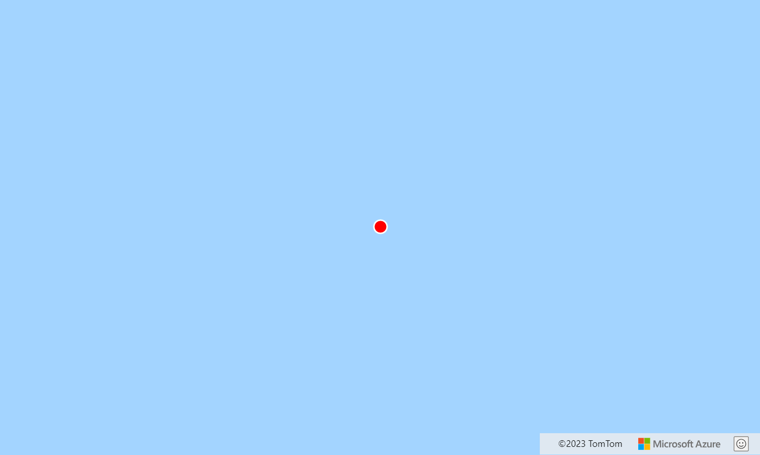 Снимок экрана: карта с координатами 0, 0, на котором показана красная точка над синей водой. Красная точка была добавлена с помощью слоя символов.