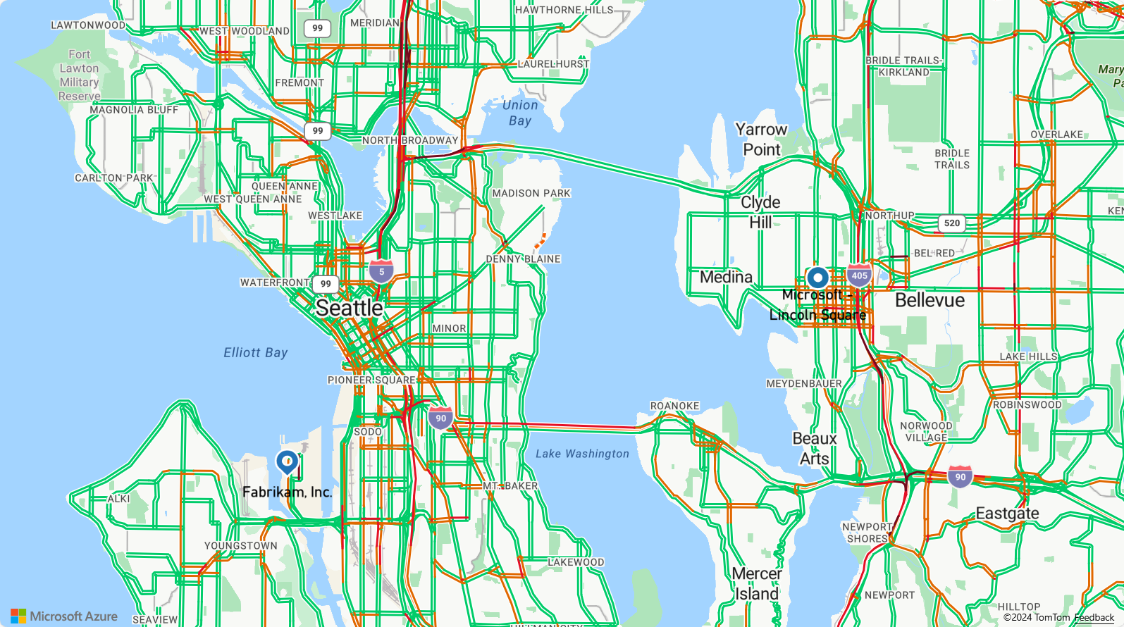Снимок экрана, на котором показана карта с маршрутом, отмеченным синим маркером в виде капли, обозначающим начальную точку, и синим круглым маркером, обозначающим конечную точку.