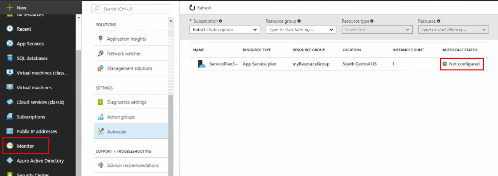 Снимок экрана: портал Azure с выбранными монитором и автомасштабированием.