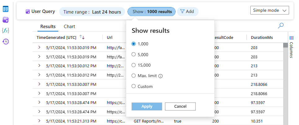 Снимок экрана: окно результатов ограничения в Log Analytics.