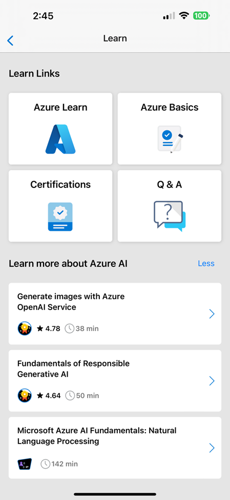 Снимок экрана: ссылки на сведения и дополнительные сведения о разделах ИИ Azure в мобильном приложении Azure.
