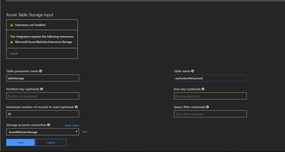 Снимок экрана: вкладка Функции Azure Интеграция с конфигурацией привязок хранилища таблиц Azure.