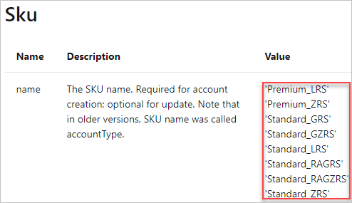 Справочные материалы по шаблону Resource Manager: номера SKU учетной записи хранения