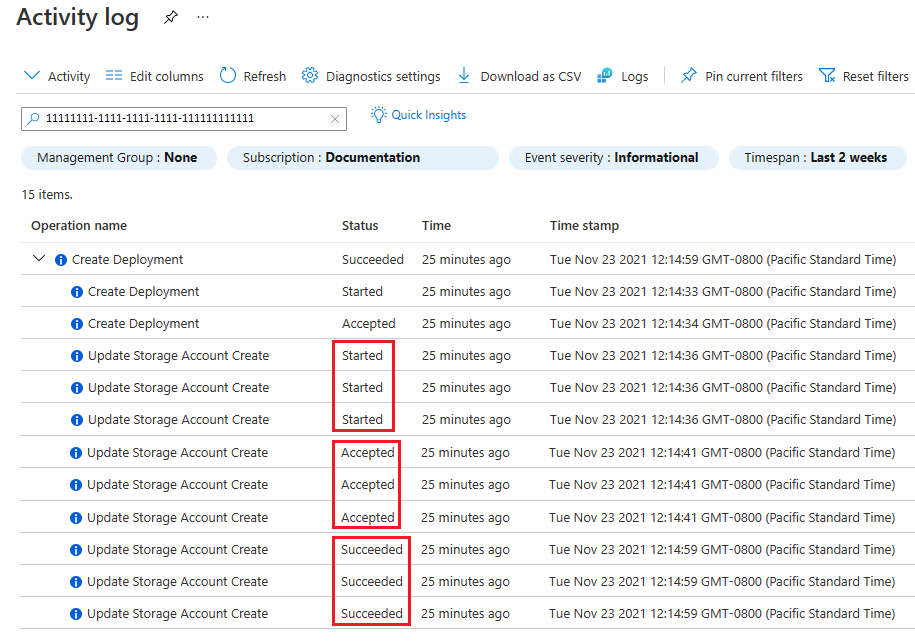 Снимок экрана: журнал действий портал Azure с тремя учетными записями хранения, развернутыми параллельно, с метками времени и состояниями.