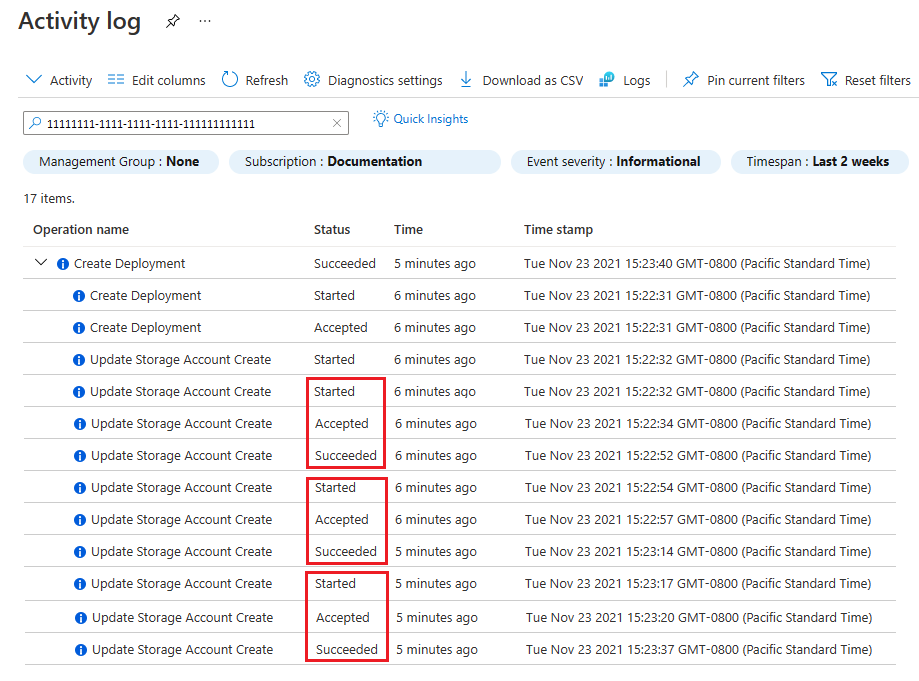 Снимок экрана: журнал действий портал Azure с тремя учетными записями хранения, развернутыми в последовательном порядке, с метками времени и состояниями.