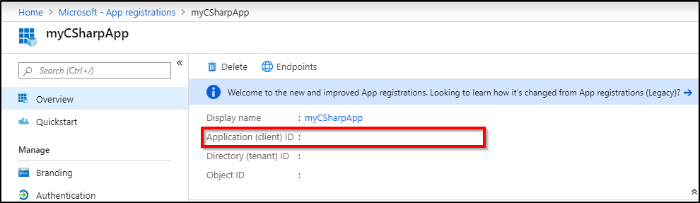 Снимок экрана портала Azure, на котором отображается идентификатор приложения.