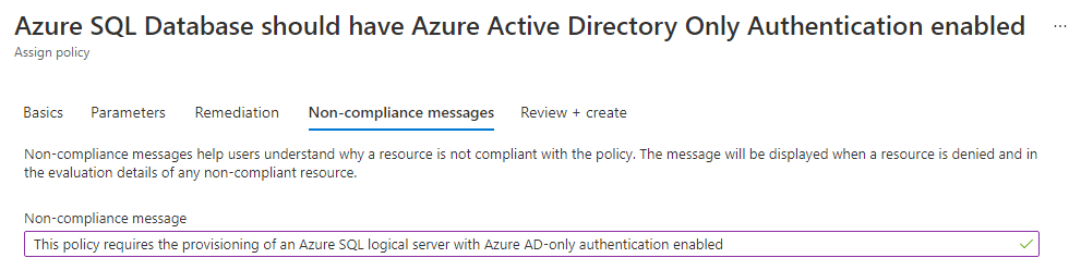 Снимок экрана: Политика Azure сообщение о несоответствии для проверки подлинности только для Azure AD.