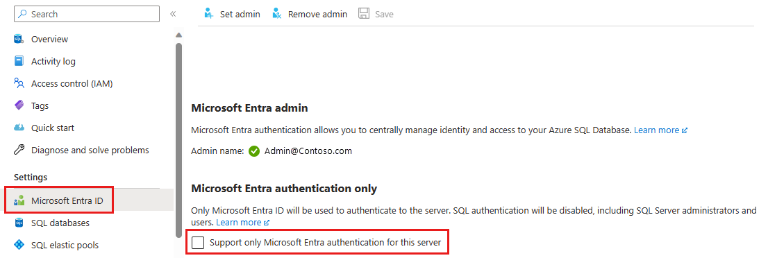 Screenshot shows the option to support only Microsoft Entra authentication for the server.