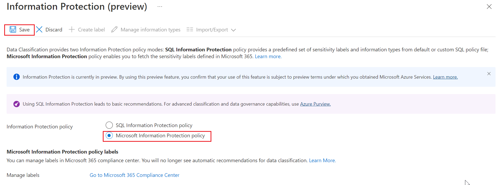 Снимок экрана: выбор политики Microsoft Information Protection для базы данных Azure SQL.