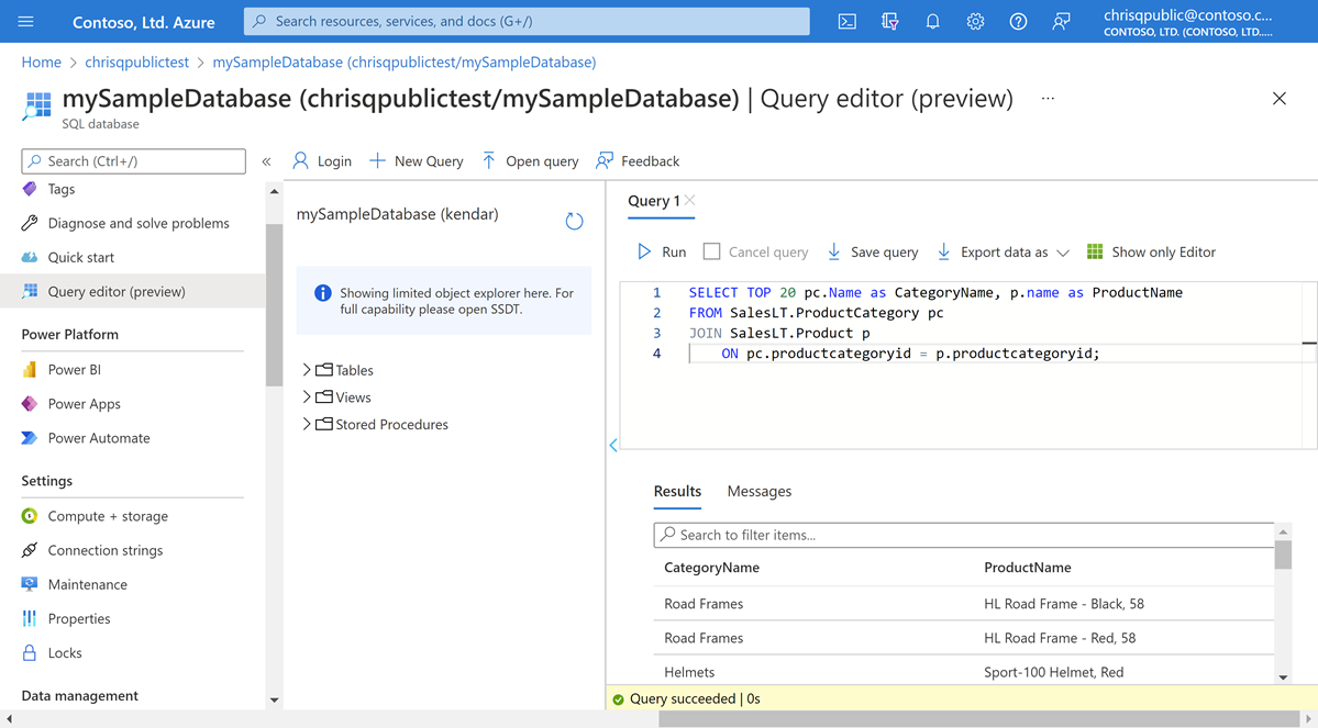 Снимок экрана: область редактора запросов (предварительная версия) в базе данных Azure SQL после выполнения запроса к примеру данных AdventureWorks.
