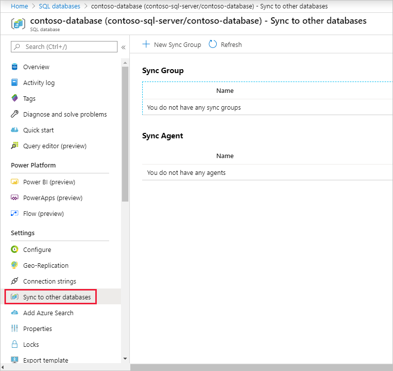 Синхронизация с другими базами данных, портал Microsoft Azure