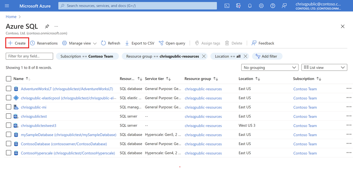 Снимок экрана: страница портала Azure SQL.