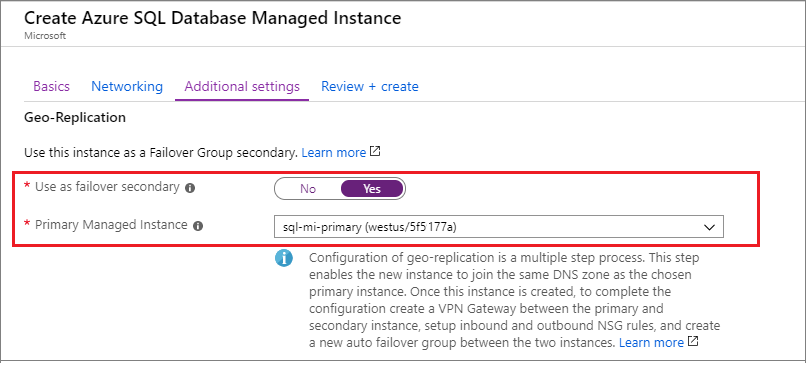 Снимок экрана: портал Azure указание основного управляемого экземпляра в качестве дополнительного экземпляра отработки отказа на странице дополнительных параметров.