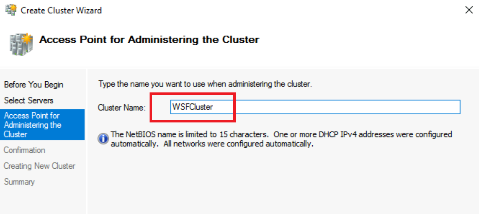 Screenshot of entering the cluster name.