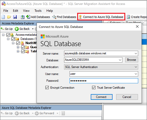 Снимок экрана: панель Connect to Azure SQL Database (Подключение к Базе данных SQL Azure) для ввода сведений о подключении.