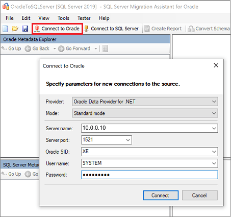 Снимок экрана: диалоговое окно Connect to Oracle (Подключиться к Oracle).