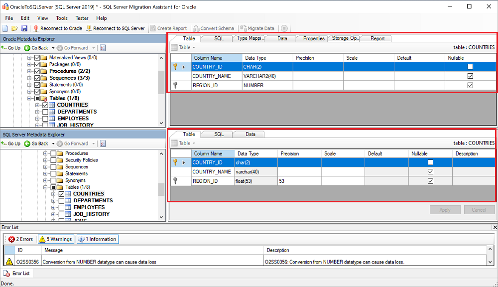 Screenshot that shows a comparison of two schemas.