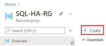 Снимок экрана: портал Azure, страница группы ресурсов с выбранным параметром +Создать.