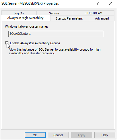 Снимок экрана: свойства SQL Server, вкладка высокой доступности AlwaysOn, на которой показано, как включить Always On группы доступности.