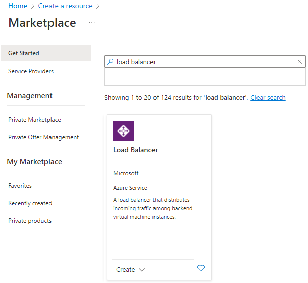 Снимок экрана: портал Azure Marketplace с выбором подсистемы балансировки нагрузки, опубликованной корпорацией Майкрософт.