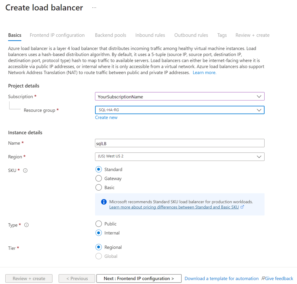 Screenshot of the Azure portal, Create Load Balancer page.
