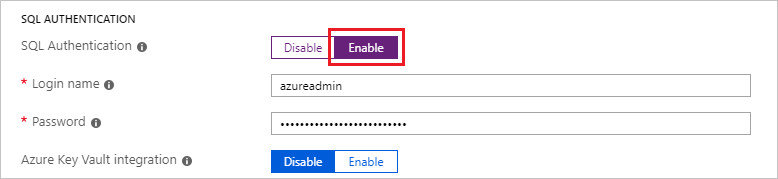 Снимок экрана: портал Azure параметров проверки подлинности SQL Server.