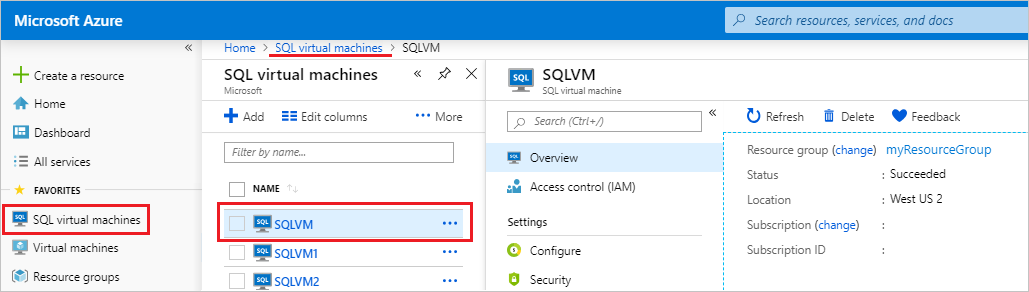 Снимок экрана доступа к ресурсу виртуальных машин SQL в портале Azure.