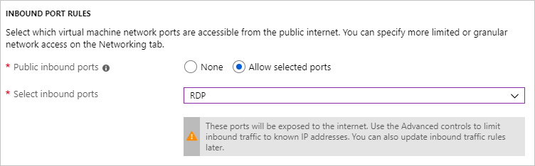 Screen shot of the Azure portal, Inbound port rules.
