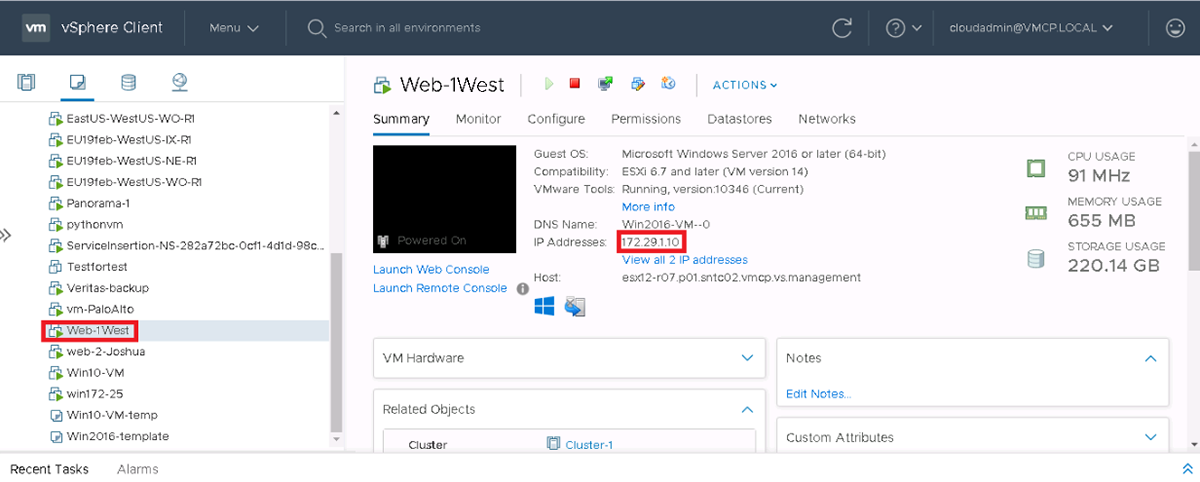 Снимок экрана со сведениями о виртуальной машине в клиенте vSphere