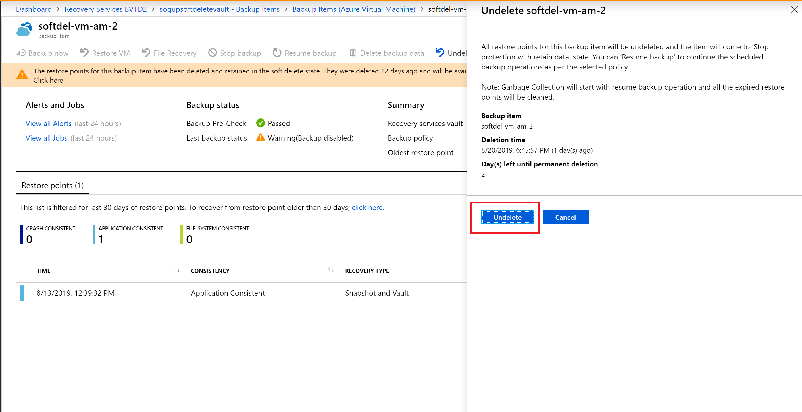 Снимок экрана портала Azure, подтверждение отмены удаления виртуальной машины