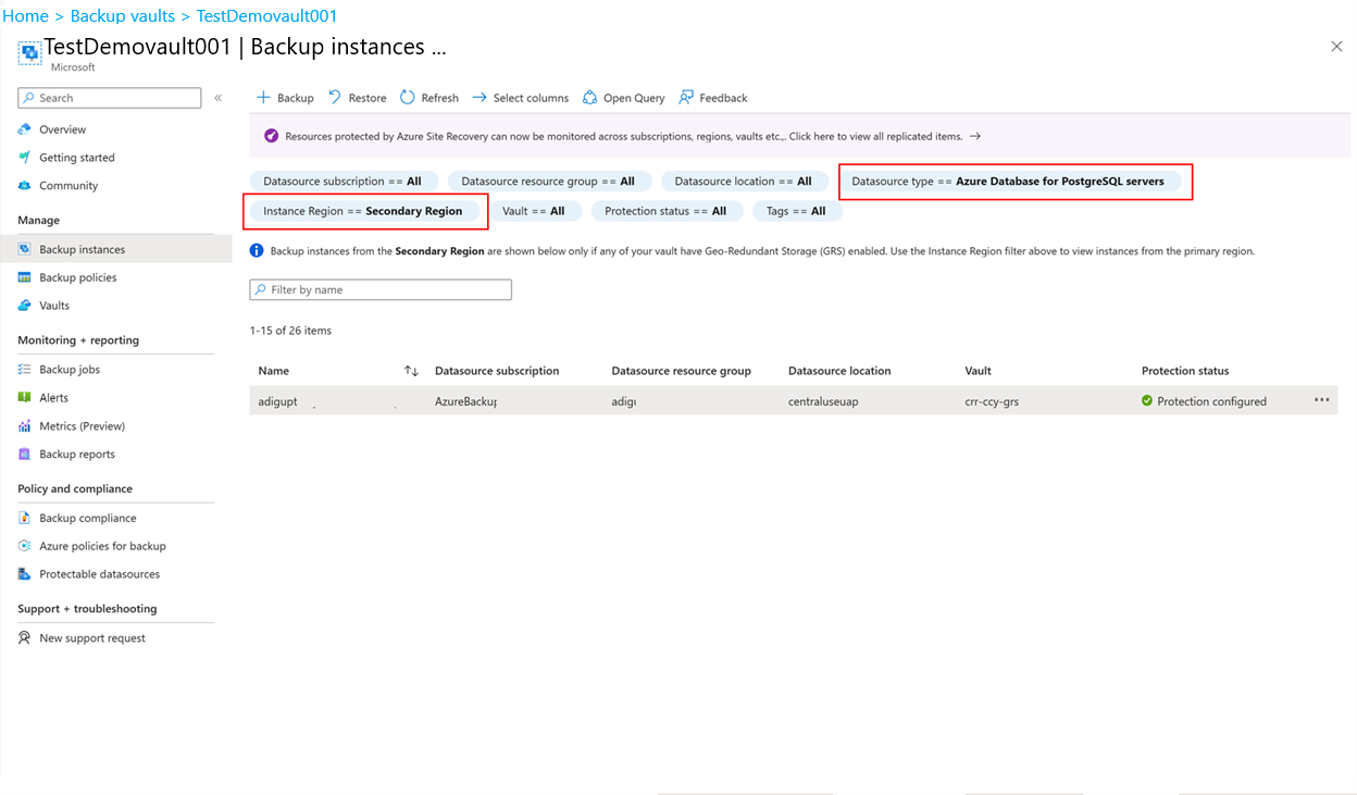 Screenshot shows how to check availability for the recovery points in the secondary region.