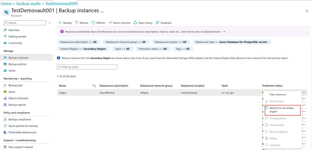 Screenshot shows how to trigger restores from the respective backup instance.