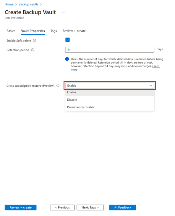 Screenshot shows how to select the state of Cross Subscription Restore during Backup vault creation.