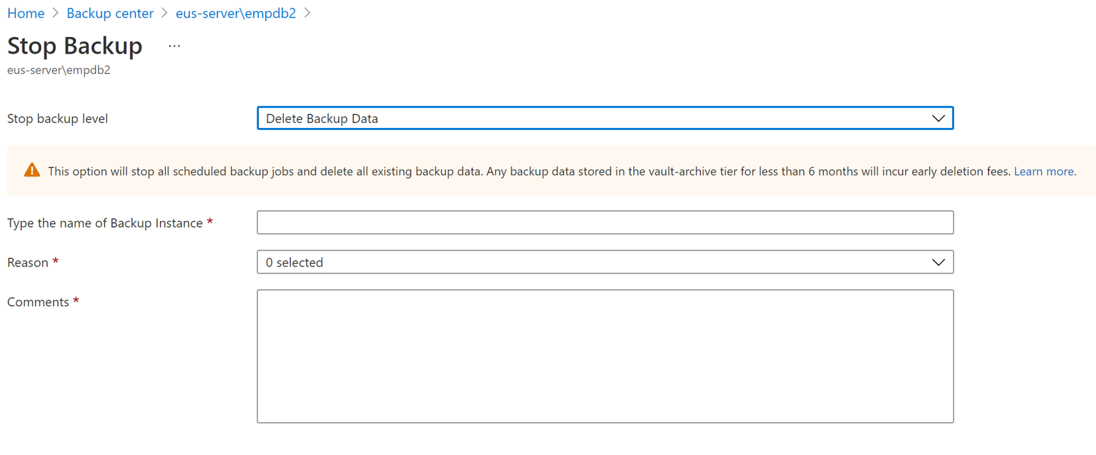 Снимок экрана: параметр удаления данных резервной копии и сведения, необходимые для добавления.