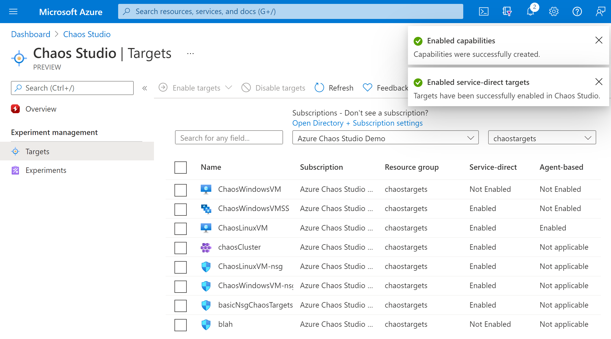 Снимок экрана: уведомление, указывающее, что целевые объекты были успешно включены.