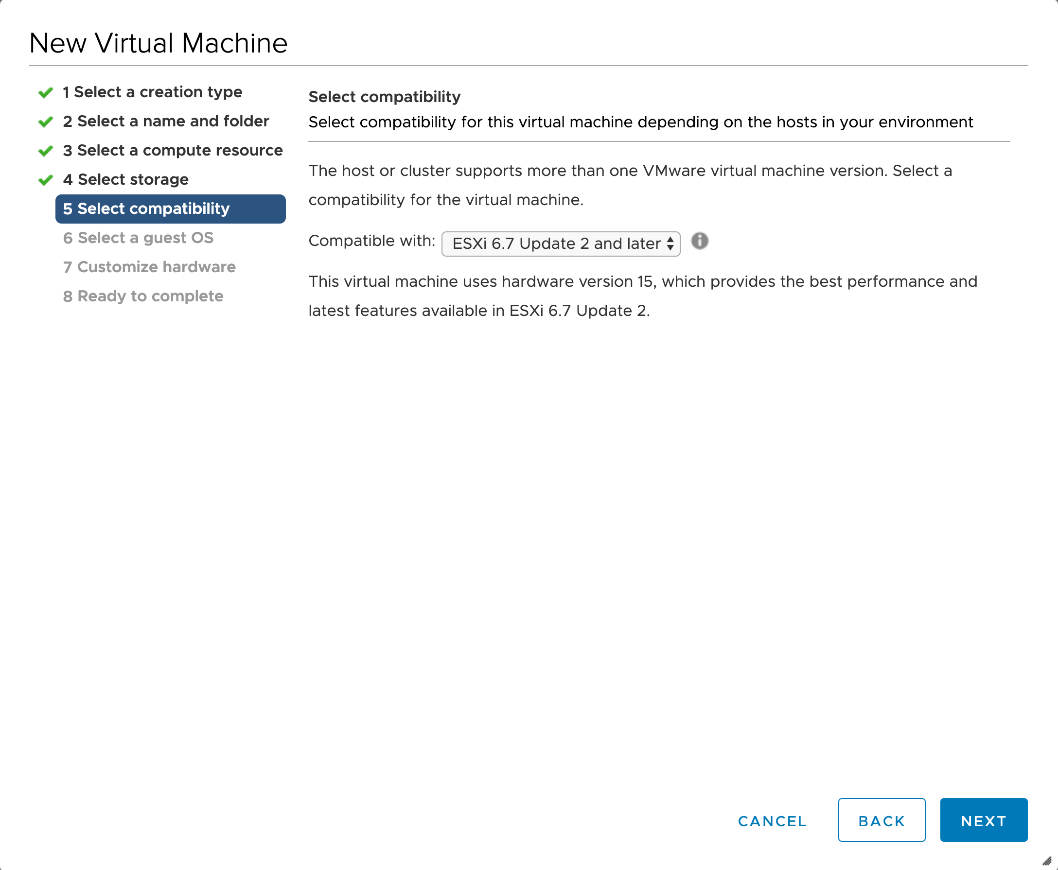 Шестой снимок экрана: создание виртуальной машины VMware vSphere.